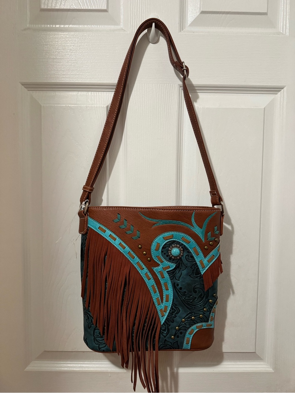 Source Unknown Brown and Turquoise Fringe Crossbody with Embossed Detail